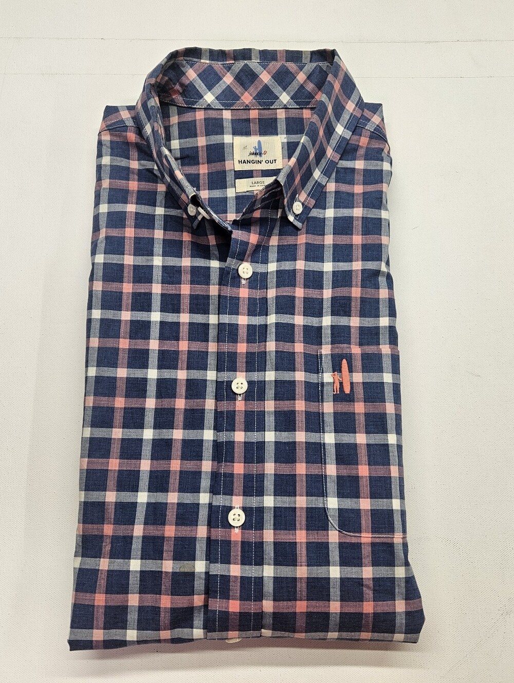 Johnnie'O Hangin Out Shirt Mens Large Pink Blue Plaid Checker Button Up